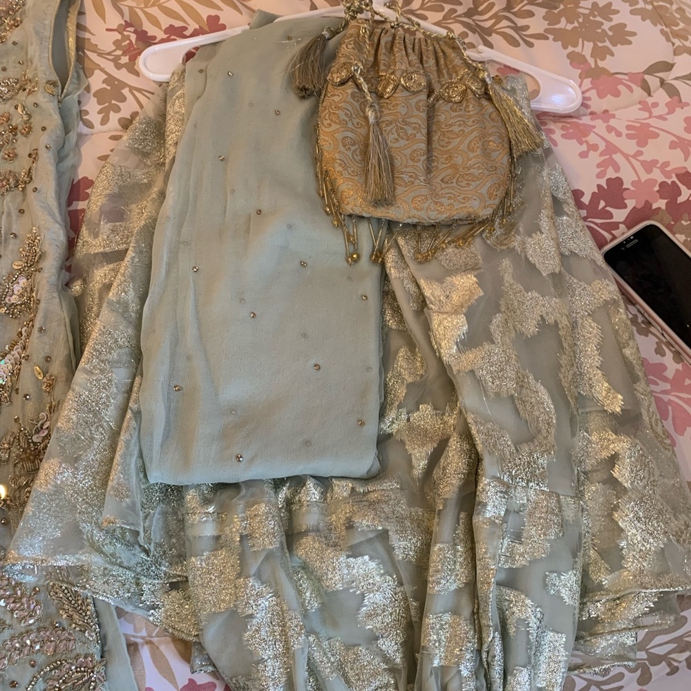 Gharara pants with embroidered full work shirt with kora and beads work.